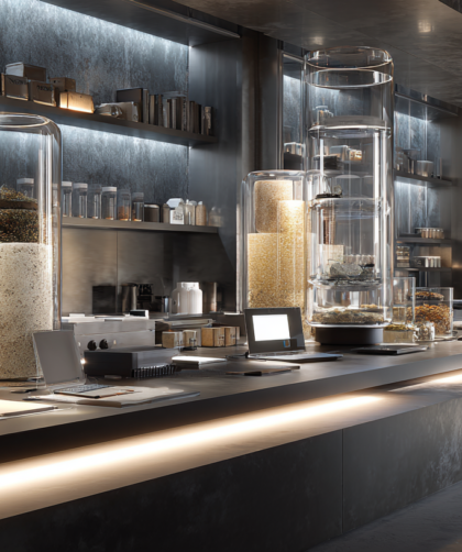 A premium editorial visualization representing the future of food innovation through AI, biotechnology, sustainable manufacturing, and next-generation food systems in a refined, minimalist laboratory setting.