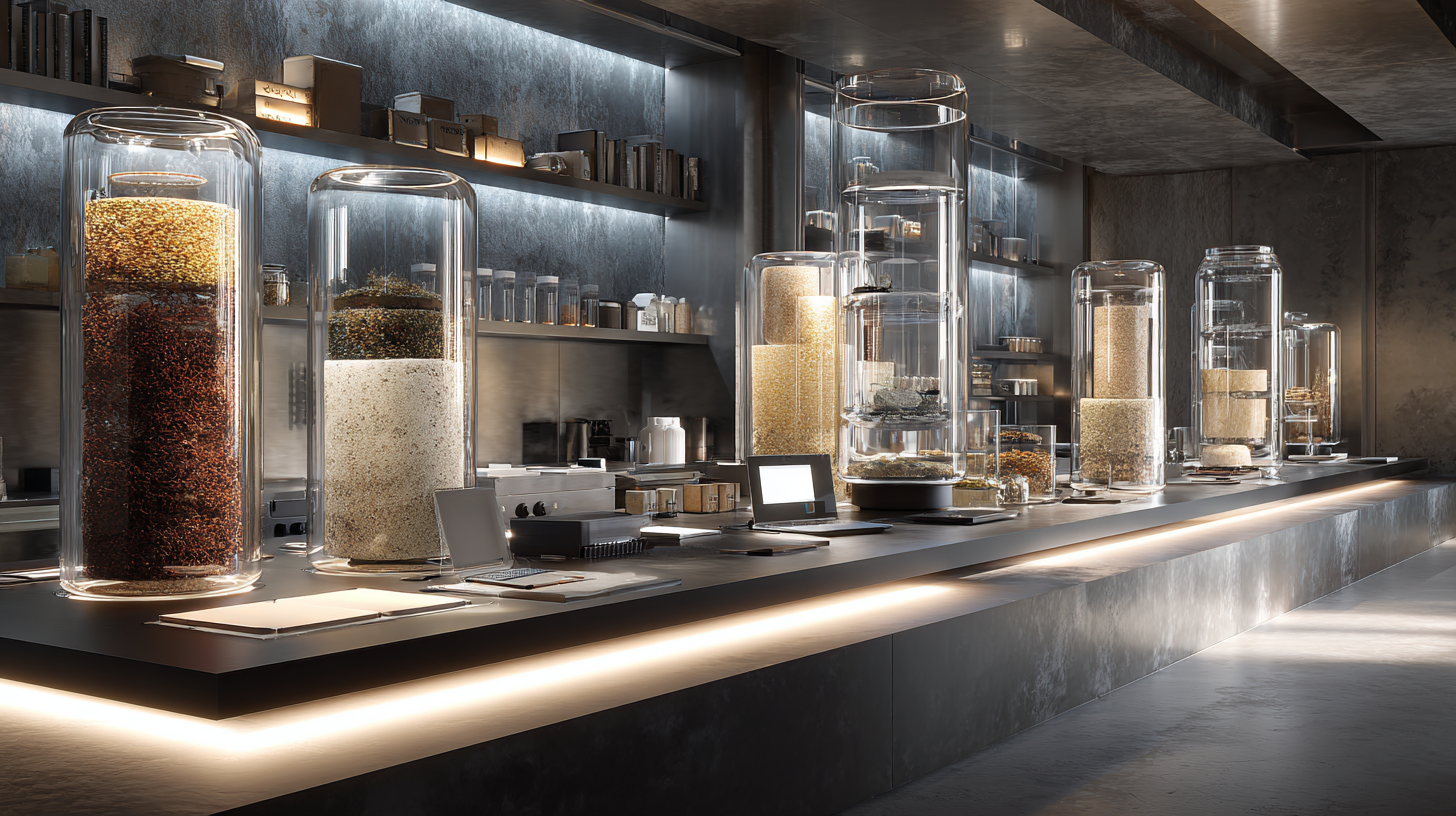 A premium editorial visualization representing the future of food innovation through AI, biotechnology, sustainable manufacturing, and next-generation food systems in a refined, minimalist laboratory setting.