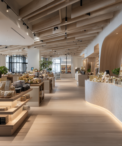A premium editorial visualization of modern grocery retail, highlighting the rise of sophisticated private label brands through elegant merchandising, minimalist packaging, and contemporary retail design.
