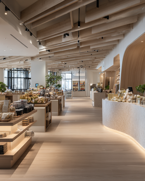 A premium editorial visualization of modern grocery retail, highlighting the rise of sophisticated private label brands through elegant merchandising, minimalist packaging, and contemporary retail design.
