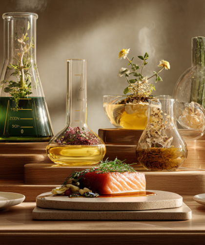 An elegant editorial visualization of functional ingredients, blending modern food science with natural nutrition to illustrate the future of health-focused food and beverage innovation.