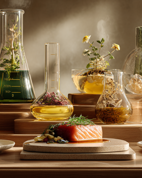 An elegant editorial visualization of functional ingredients, blending modern food science with natural nutrition to illustrate the future of health-focused food and beverage innovation.