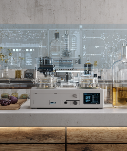 A premium editorial visualization of artificial intelligence supporting modern food research and product development through data-driven innovation, scientific precision, and advanced manufacturing.
