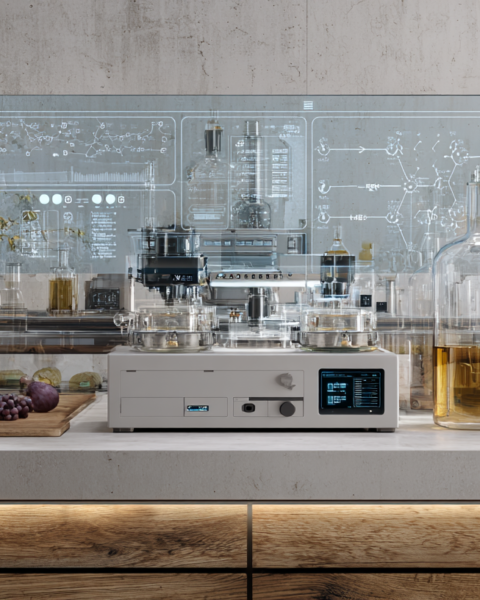 A premium editorial visualization of artificial intelligence supporting modern food research and product development through data-driven innovation, scientific precision, and advanced manufacturing.
